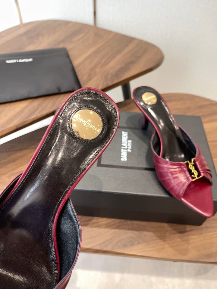 Saint Laurent Pointed Toe Stiletto Heeled Sandals – 26SS in Black - Gold Logo Plaque