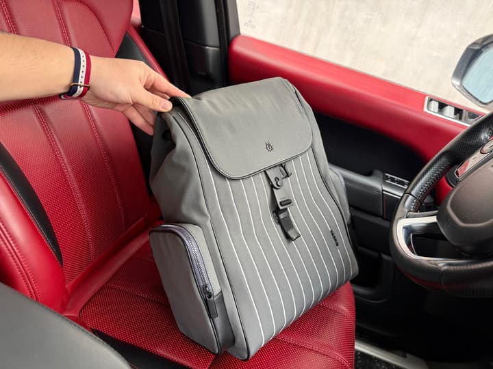 RIMOWA Never Still Large Canvas Backpack in Light Gray Pinstripe
