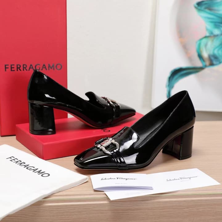 Ferragamo Classic Square Toe Pumps in Black Patent Leather
