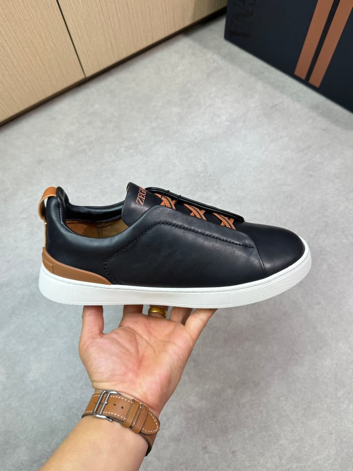 Zegna Triple Stitch Nappa Leather Slip-On Sneakers in Black