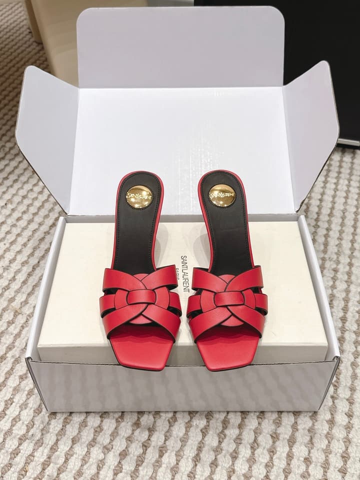Saint Laurent Melody Square-Toe Heeled Sandals – 2026 Spring/Summer Collection in Beige Patent