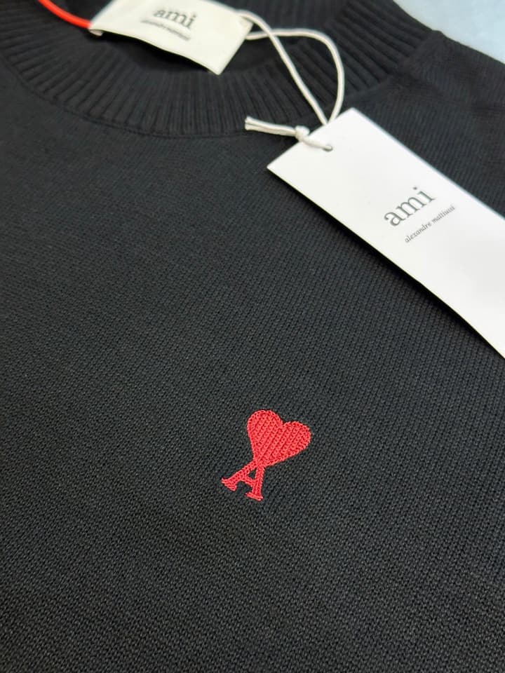 AMI Paris Heart Embroidery Merino Sweater in Classic Black