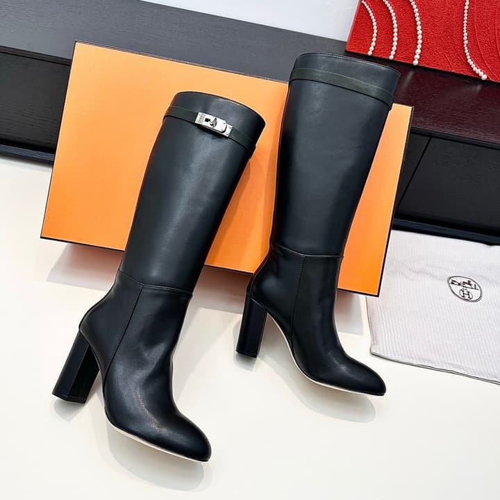 Hermès Kelly Buckle High Heel Knee-High Boots in Black Leather