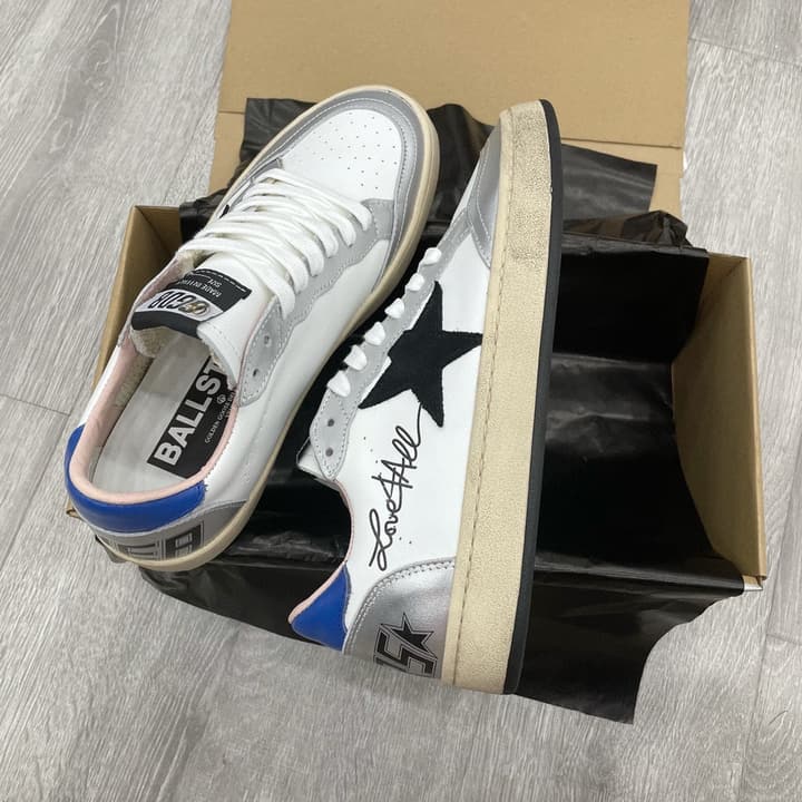 Golden Goose Ball Star Letter Graffiti Sneakers – 2023 Spring Collection in White Silver With Blue Heel And Black Star