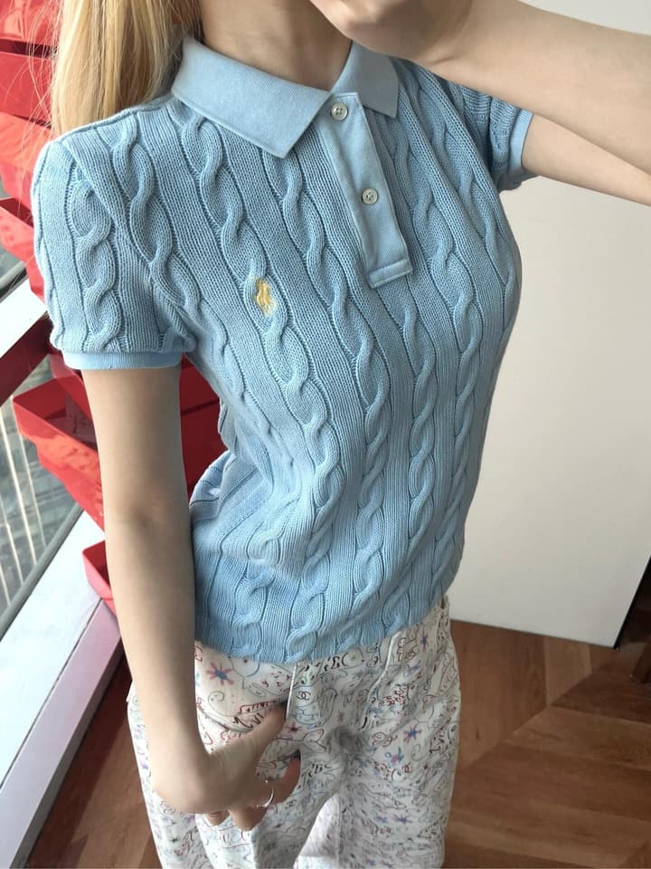Ralph Lauren Pony Embroidered Cable-Knit Polo Shirt in Baby Blue