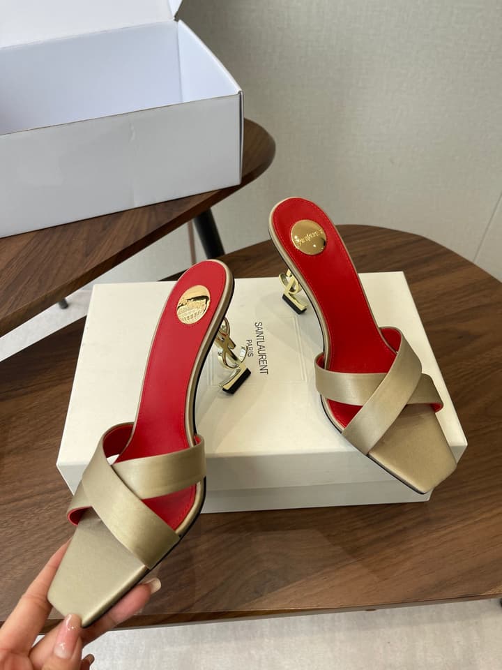 Saint Laurent Opyum Satin Heeled Mules – Early Spring Collection – 26S in Champagne Gold