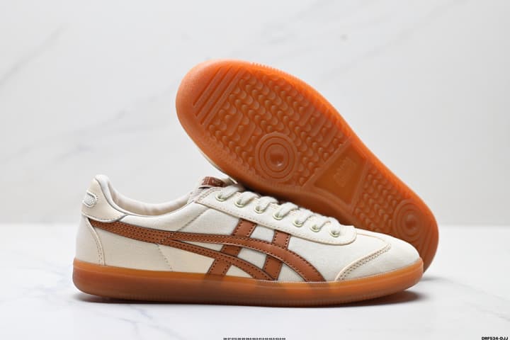 Asics Onitsuka Tiger Tokuten Retro Sneakers in Cream With Brown Stripes And Gum Sole