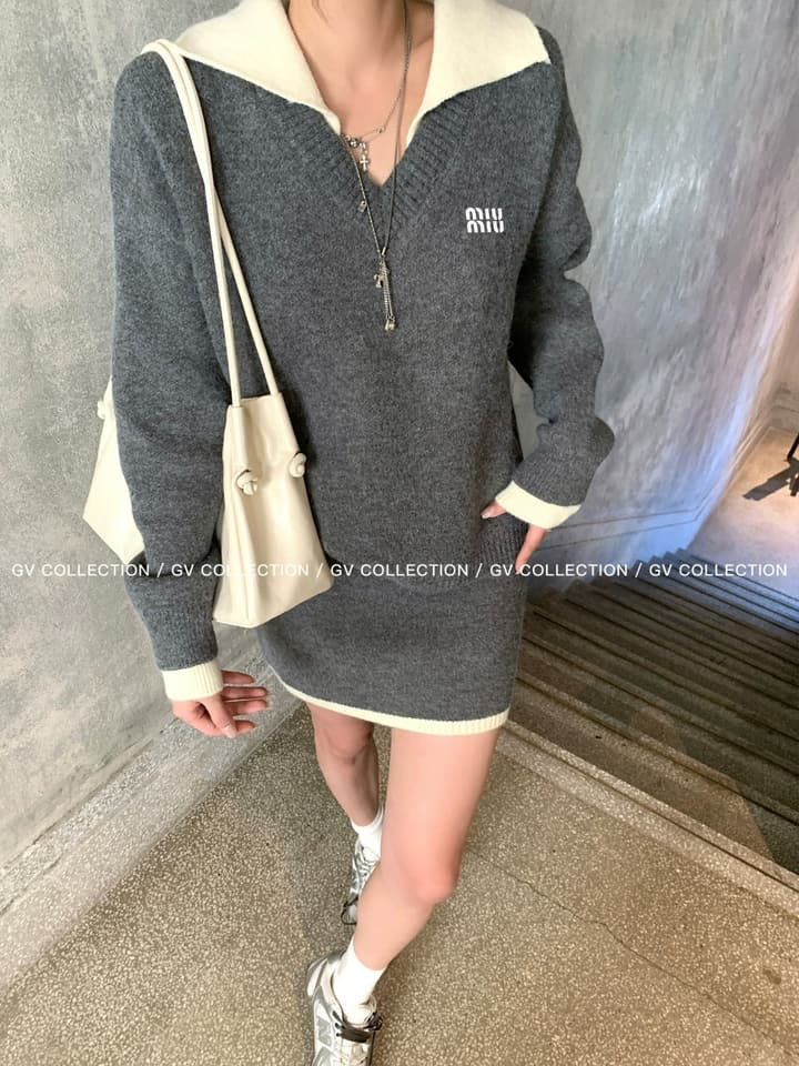 Miu Miu Contrast Collar Knit Set in Grey Knit With Off-white Trim