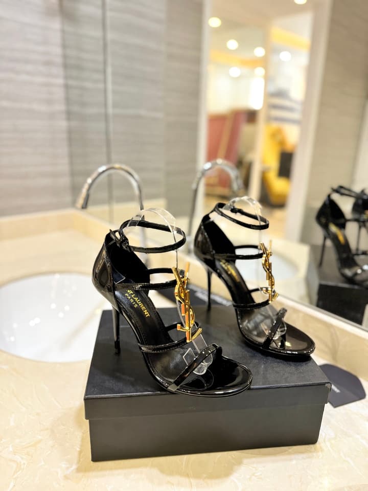 Saint Laurent YSL Logo Lacquer Heeled Sandals in Black Matte With Black Logo
