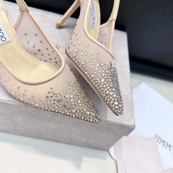 Jimmy Choo Mesh Rhinestone Slingback Heels – Spring/Summer Collection in Pure White