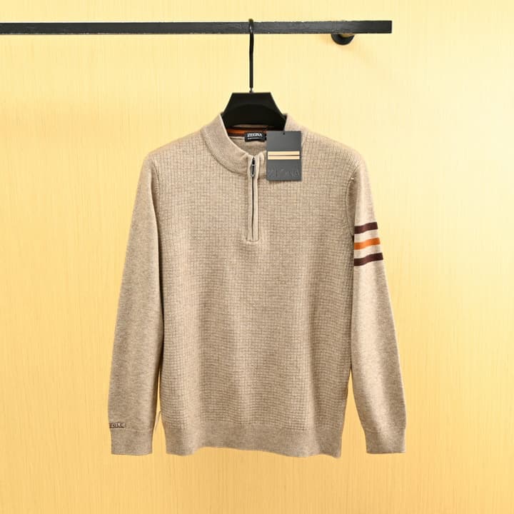 Zegna Men's Half-Zip Stand-Collar Sweater – 25FW in Camel Taupe