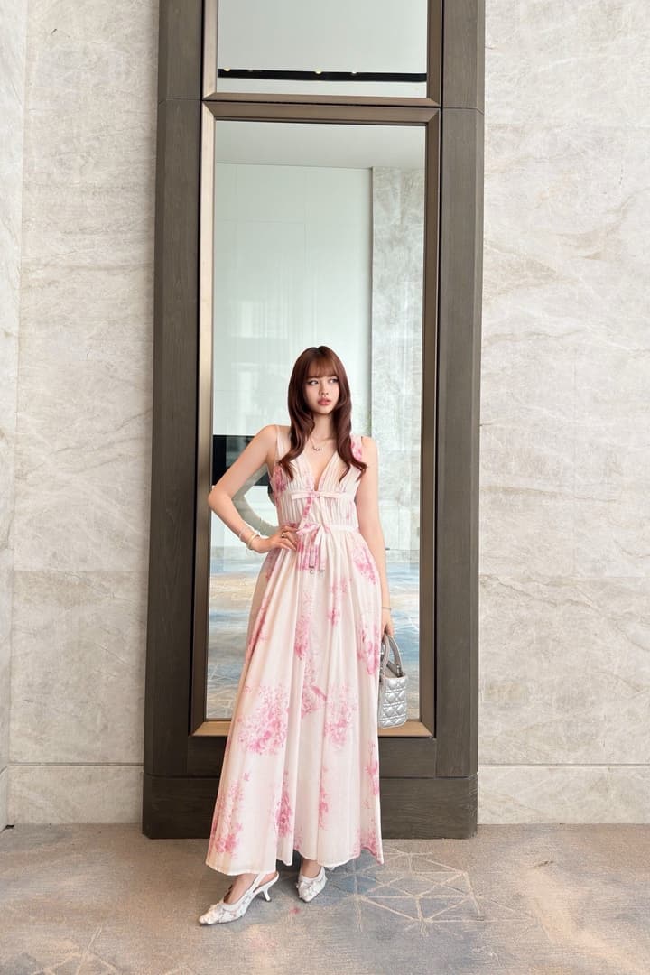 Dior Floral Print V-Neck Dress – 2026SS in Pink Floral