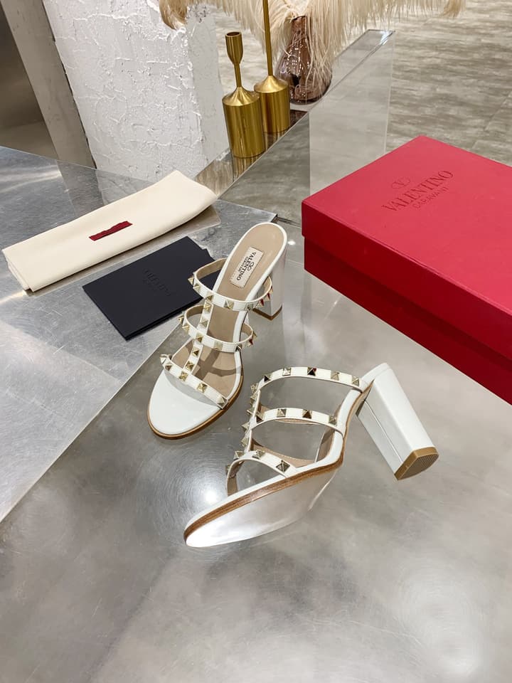 Valentino Studded Classic Block Heel Sandals in Beige