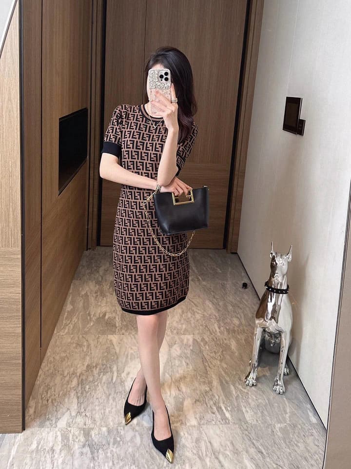 Fendi Double F Monogram Jacquard Knit Dress in Coffee Monogram Knit Dress