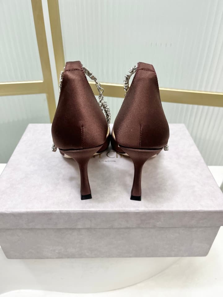 Jimmy Choo Stevie 100 Satin Bow Heels in Brown Satin