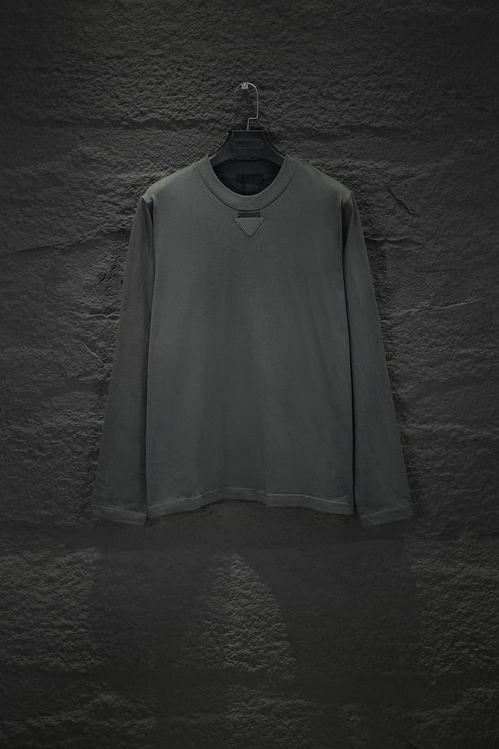 Prada Embroidered Oversize Long Sleeve T-Shirt in Deep Dark Gray