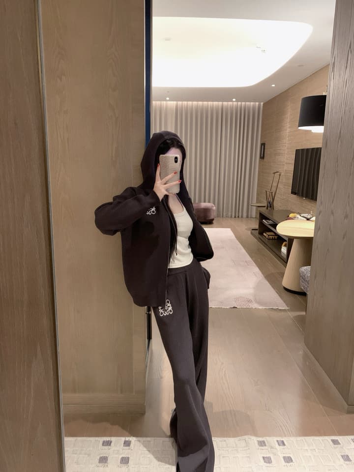 Loewe Classic Logo Embroidered Hooded Knit Set in Black
