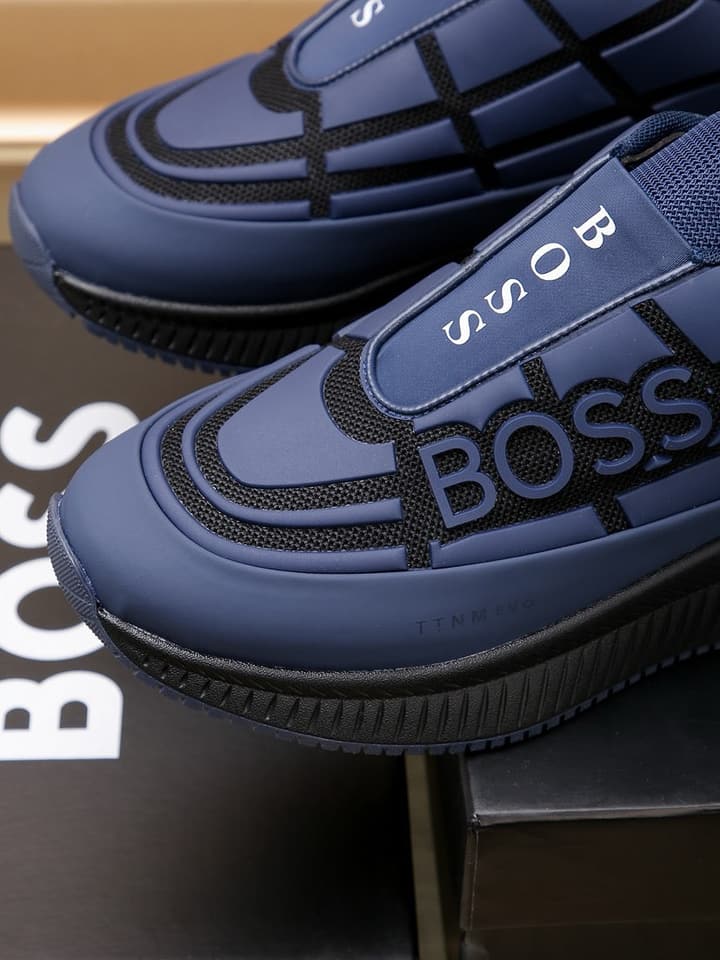 Boss New Men's Luxury Athletic Sneakers in Black With White Detail