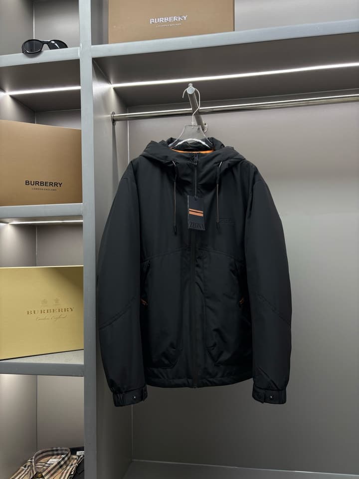 Zegna Letter Embossed Down Jacket in Classic Black