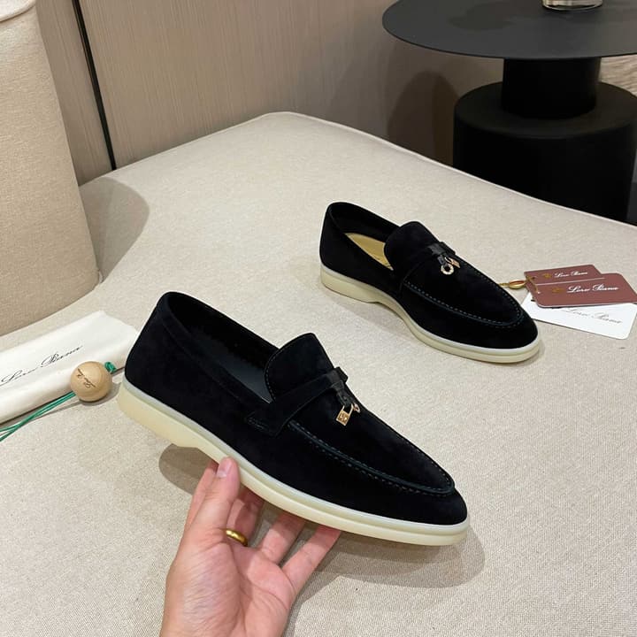 Loro Piana Summer Charms Walk Moccasin Loafers in Black Leather