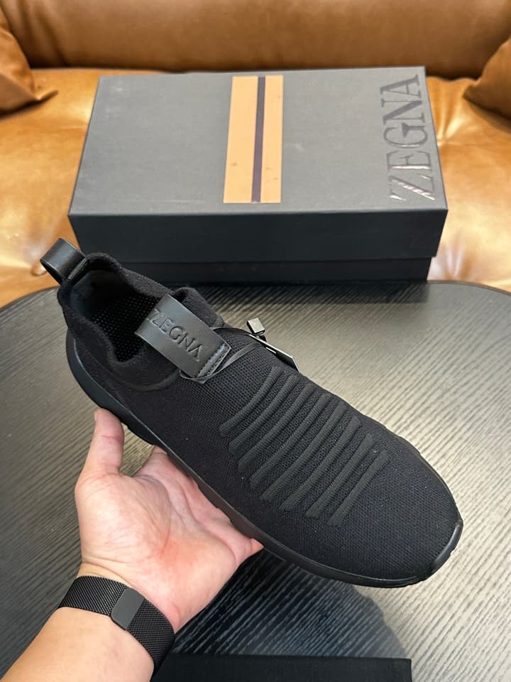 Zegna Techmerino Slip-On Sneakers in Dark Navy With Green Accent