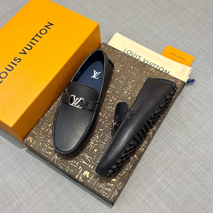 Louis Vuitton Men's Grained Leather Driving Shoes in Dark Gunmetal Hardware