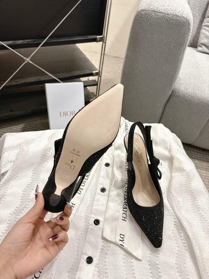 Dior J'Adior Embroidered Strap Kitten Heel Sandals in Black Patterned Fabric