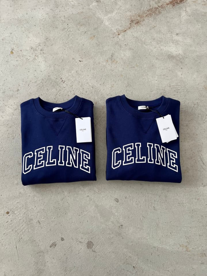 Celine Flocked Letter Pullover Sweatshirt – 2025FW in Navy Blue Folded