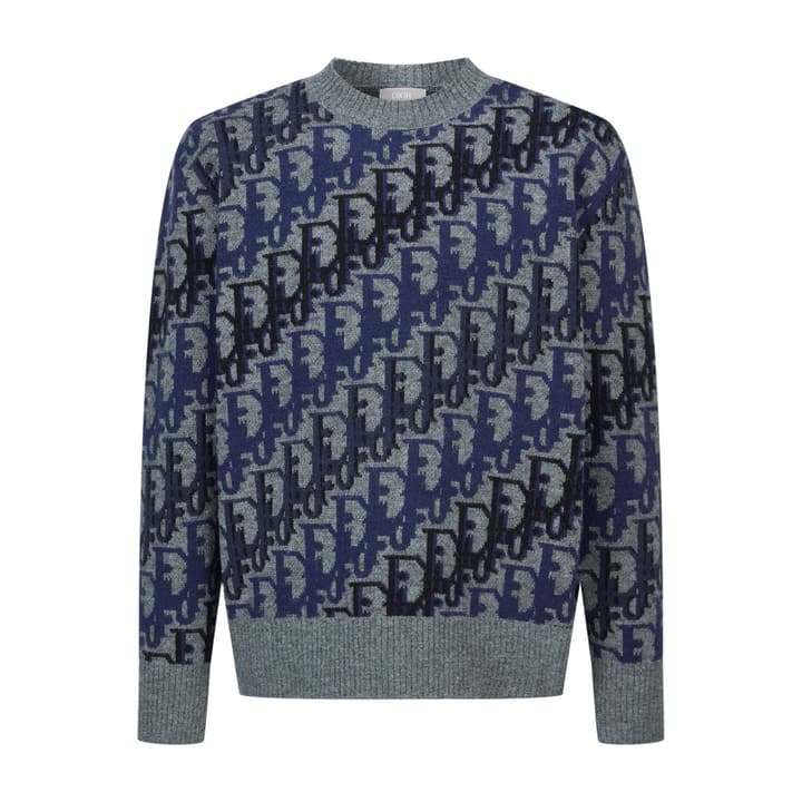 Dior Oblique Jacquard Wool Crewneck Sweater – 2026SS in Navy Oblique With Light Blue Trim