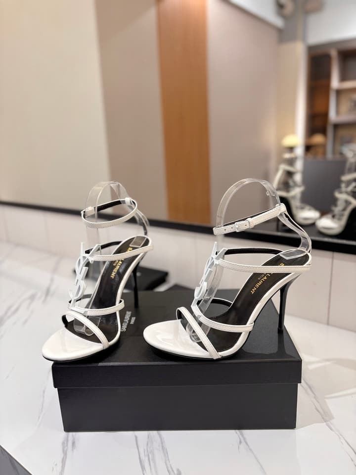 Saint Laurent YSL Logo Mirror Leather Heeled Sandals in Black With Black Logo
