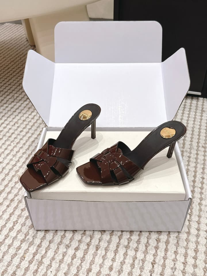 Saint Laurent Melody Square-Toe Heeled Sandals – 2026 Spring/Summer Collection in Beige Patent
