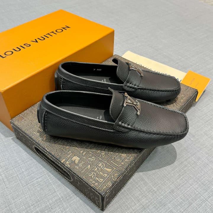 Louis Vuitton Men's Grained Leather Driving Shoes in Dark Gunmetal Hardware