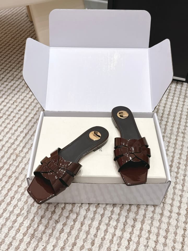 Saint Laurent Melody Square Toe Flat Sandals – 2026SS in Burgundy Patent