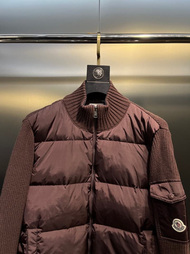 Moncler Knitted Patchwork Stand-Collar Jacket in Dark Brown