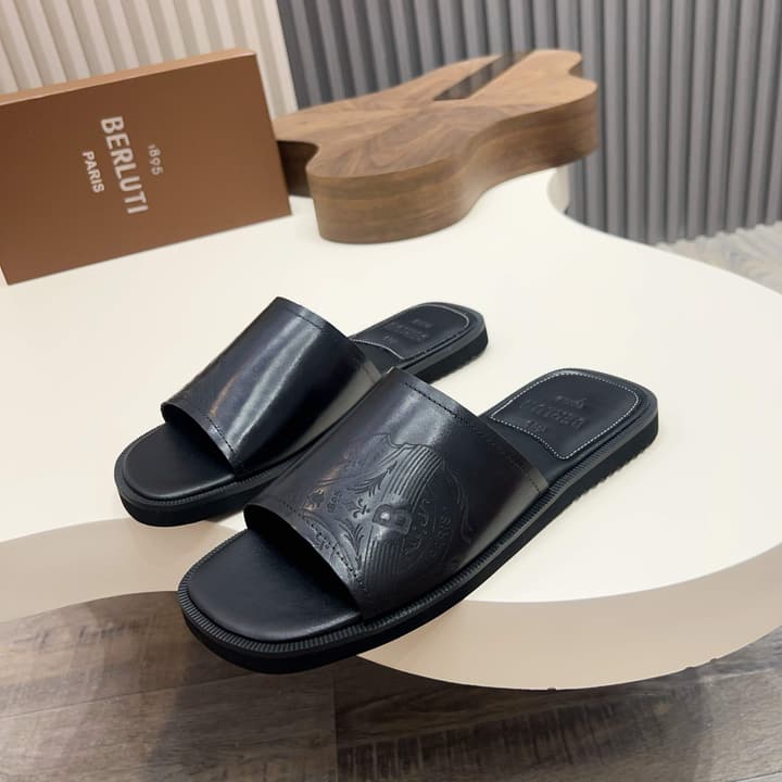 Berluti Hand-Painted Calfskin Slippers in Matte Black