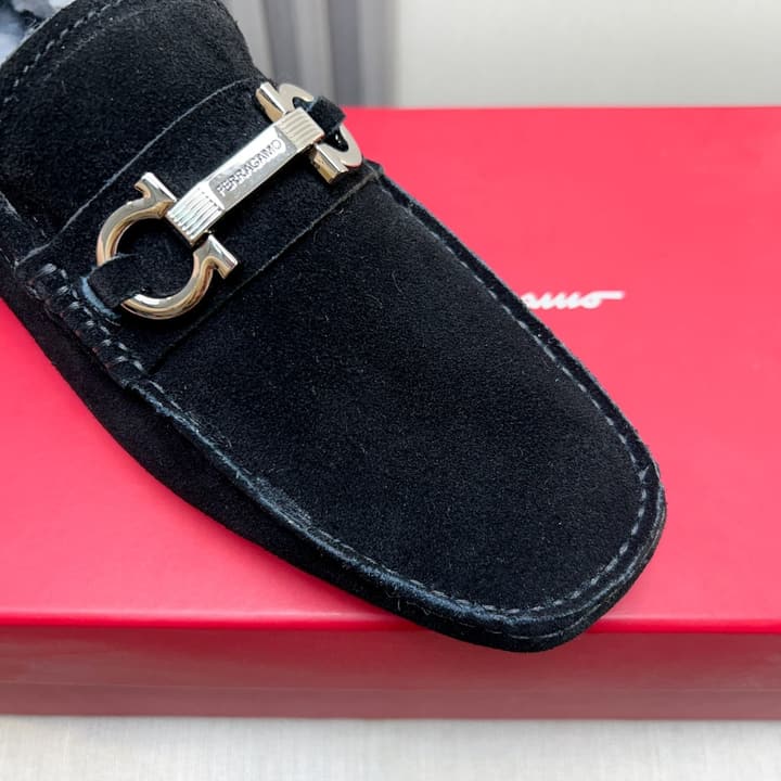 Ferragamo Imported Cowhide Fur-Lined Loafers in Black Patent Leather