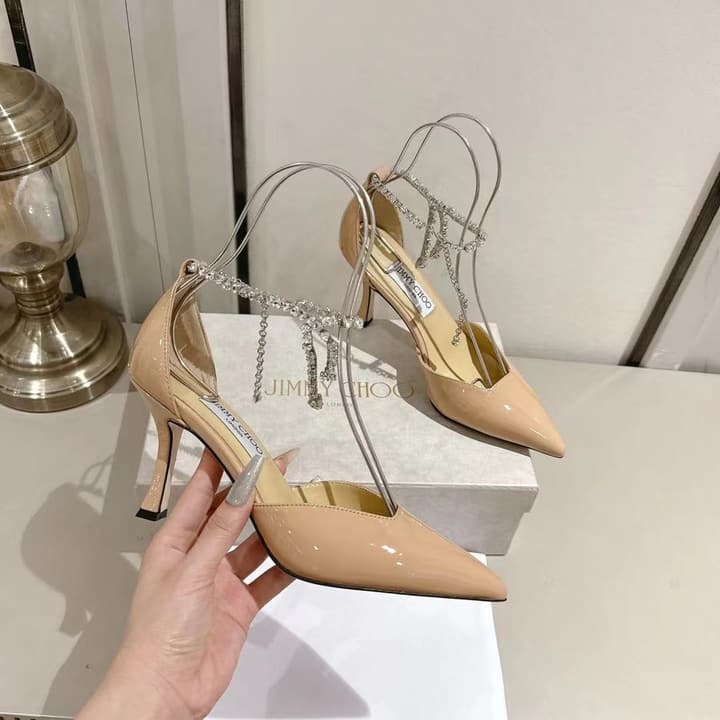 Jimmy Choo Rhinestone Cross-Strap Kitten Heels – 2025 Spring/Summer Collection in Nude Patent Leather