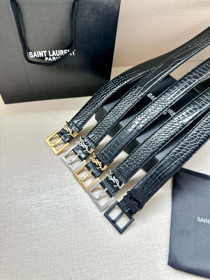 Saint Laurent Monogram Crocodile Embossed Leather Narrow Belt