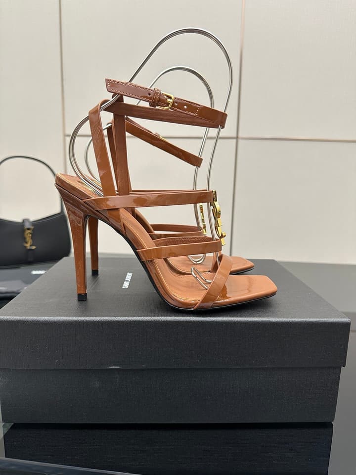 Saint Laurent Patent Leather Heeled Sandals in Bright Amber