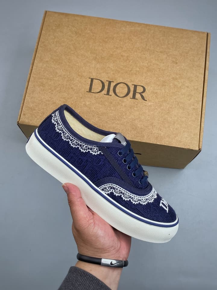 Dior Saltwind Oblique Lace Canvas Sneakers in Navy Blue Oblique With White Lace
