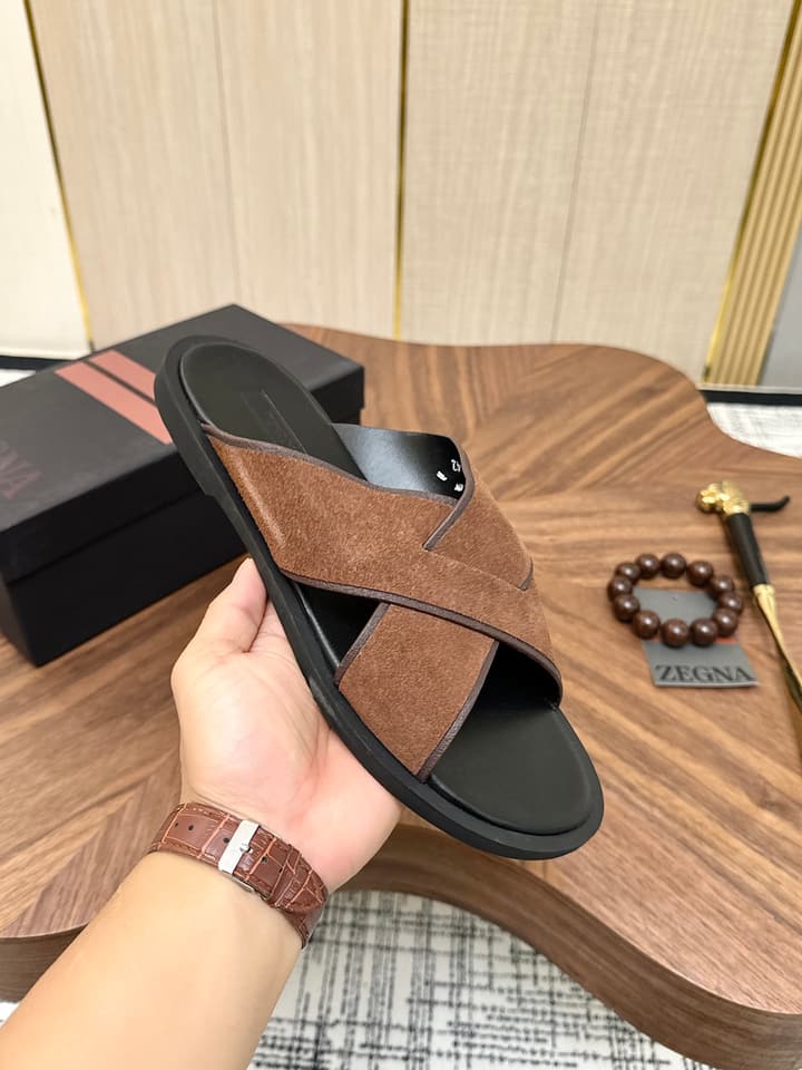 Zegna Men's Cross Strap Leather Slippers