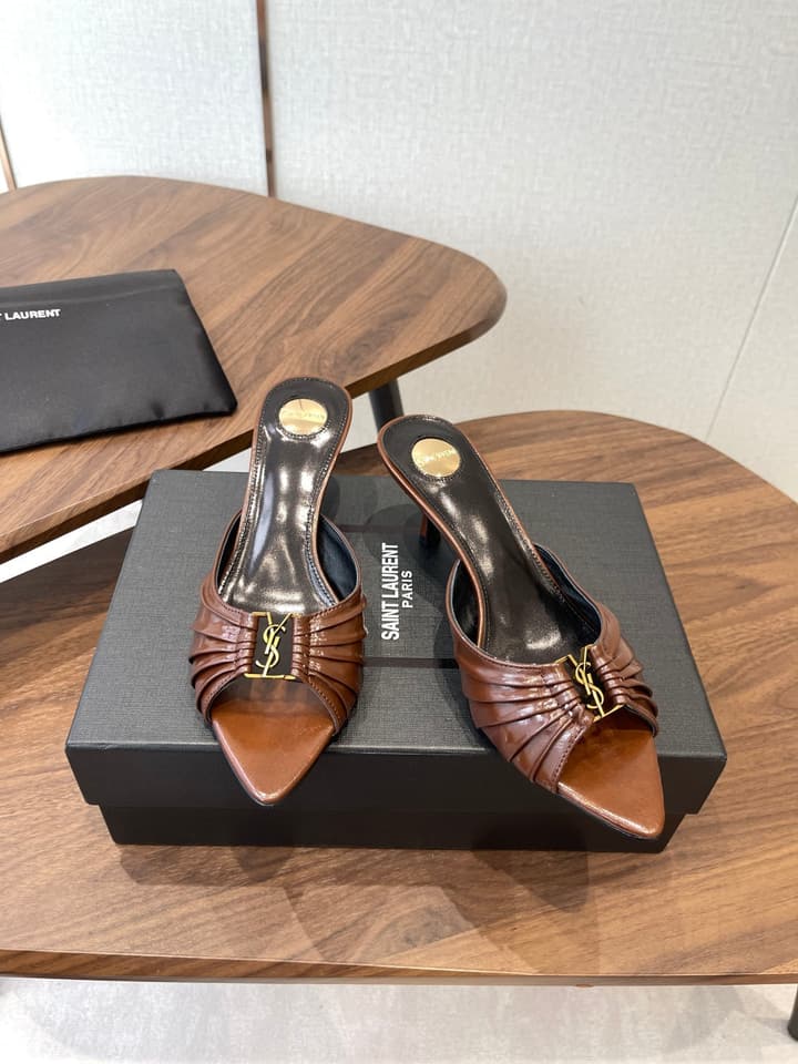 Saint Laurent Pointed Toe Stiletto Heeled Sandals – 26SS in Black - Gold Logo Plaque