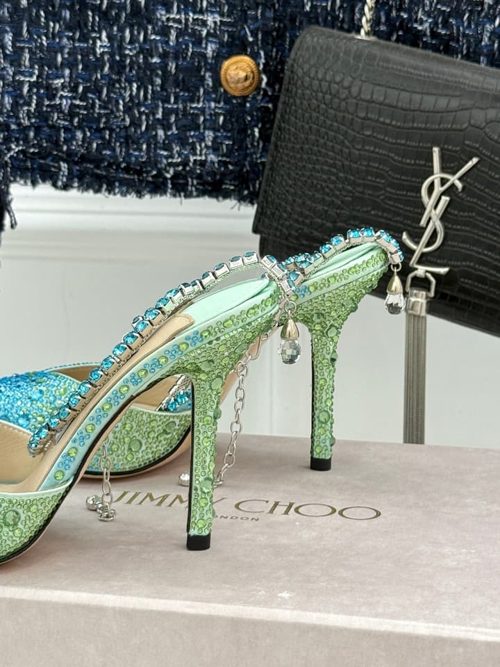 Jimmy Choo Classic Crystal Pointed High-Heeled Sandals in Lavender Yellow Ombre