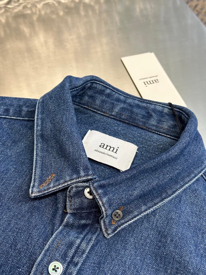Ami Paris Denim Shirt Jacket with Ami De Coeur Patch in Distressed Denim Blue