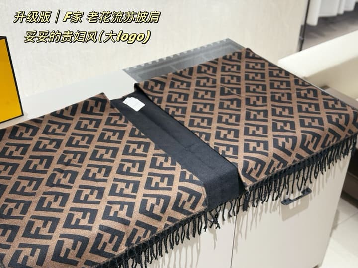Fendi Monogram Cashmere Shawl in Black And Brown Ff Logo Wrap