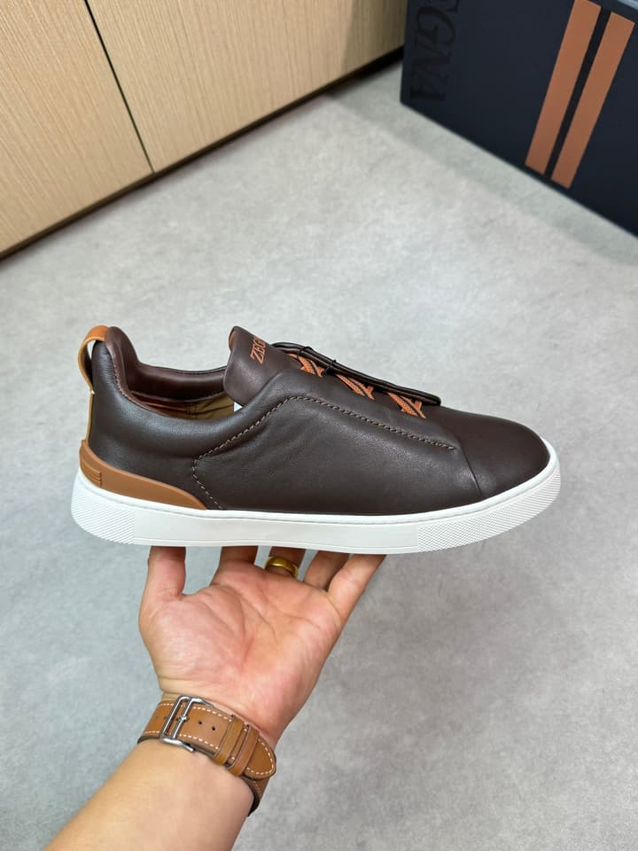 Zegna Triple Stitch Nappa Leather Slip-On Sneakers in Black