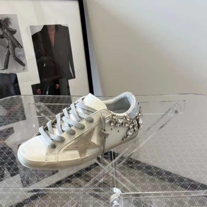 Golden Goose Superstar Diamond Tail Sneakers – 2023 Autumn/Winter in Distressed White With Royal Blue Rhinestone Heel