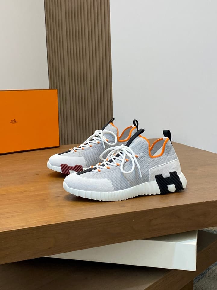 Hermès Suede and Denim Canvas Sneakers in Black And White