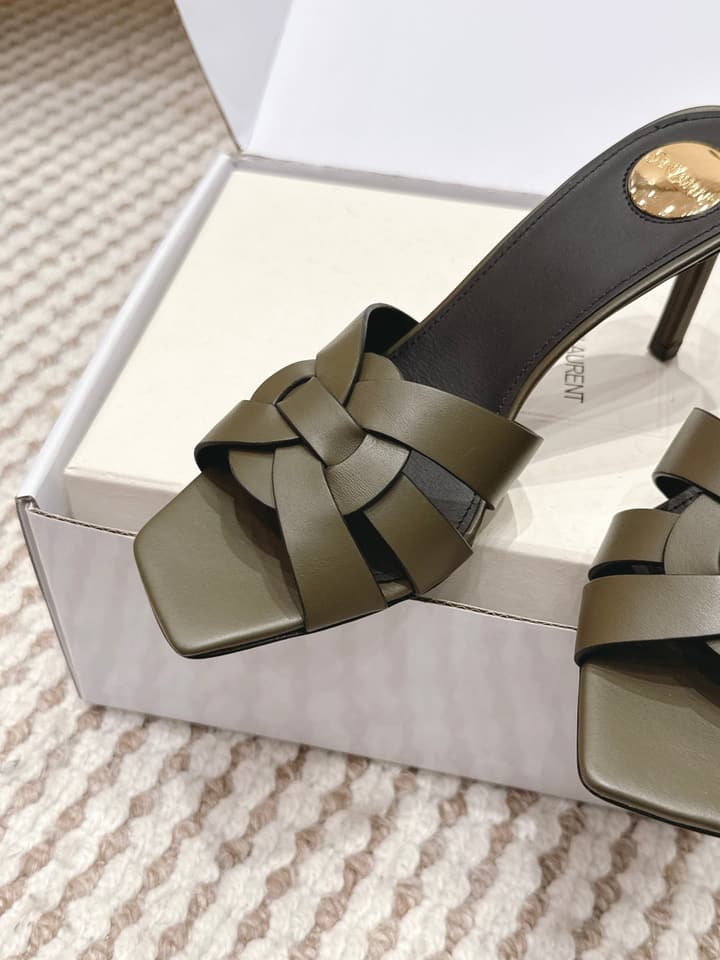 Saint Laurent Melody Square-Toe Heeled Sandals – 2026 Spring/Summer Collection in Beige Patent