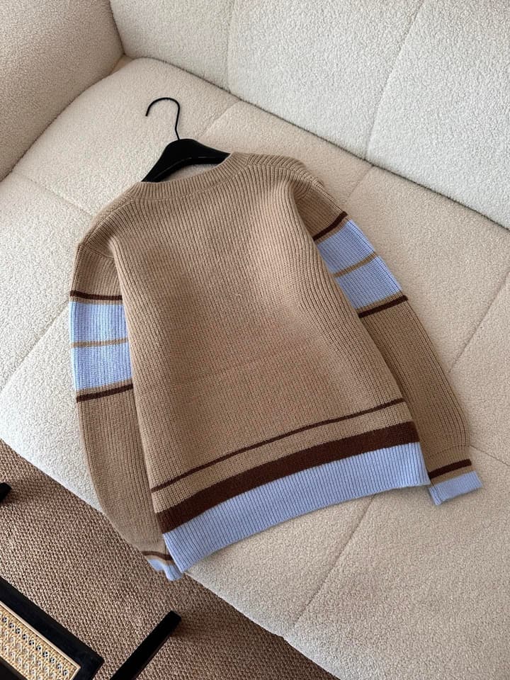 AMI Paris Warm Khaki V-Neck Sweater in Warm Khaki With Blue Color Block Sleeves
